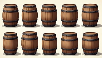 Collection of ten wooden barrels with metal bands, varying wood tones. Illustration displays barrels from different angles with subtle vignetting, perfect for vintage rustic themes. Ideal for designs