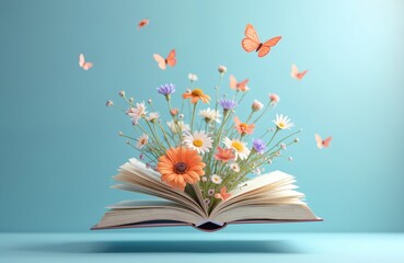 Open book releasing fresh spring flowers and butterflies on pastel blue background. Minimal nature concept promotes imagination, learning, literature, romance, and new ideas.