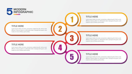 Modern infographic template and number with 5 steps, process or options, process chart.