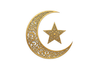 Ornate gold crescent moon and star against black isolated on a transparent background image