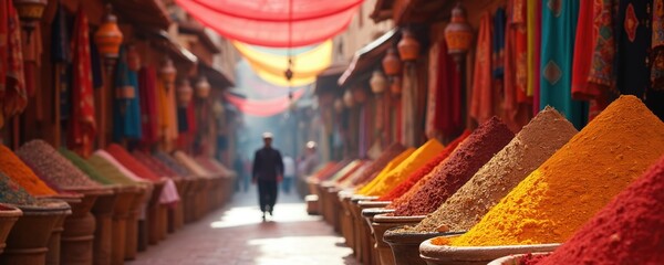 Vibrant Moroccan market street scene with colorful spice mounds, textiles. Noisy alleyway traditional crafts, artisan goods, diverse cultural ambience. Authentic north African destination for