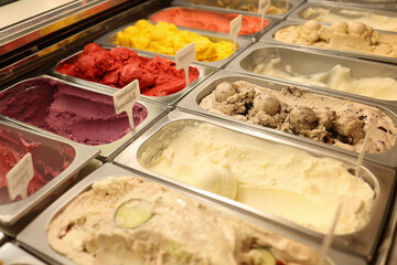 Variety of gourmet artisan craft organic gelato ice cream flavors in a shop cafe display case, creamy textures with caramel nuts chocolate, berry sorbet, colorful ice cream selection, dessert shop