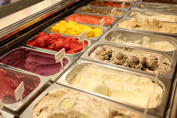 Variety of gourmet artisan craft organic gelato ice cream flavors in a shop cafe display case, creamy textures with caramel nuts chocolate, berry sorbet, colorful ice cream selection, dessert shop