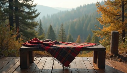 Rustic wooden bench draped with cozy flannel blanket sits amidst pine forest. Scene evokes tranquility, relaxation, with autumn colors painting landscape. Perfect spot for quiet contemplation,