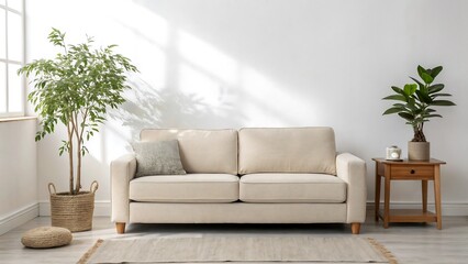 Fototapeta premium Cozy minimalist living room with beige sofa, indoor plants, natural light, and wooden side table