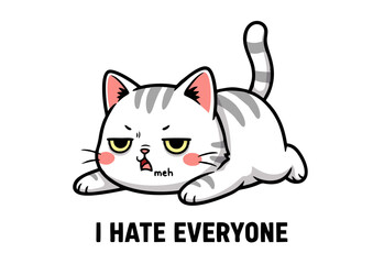 Grumpy Tabby Cat Illustration: A chubby grey-and-white tabby cat lies down with a displeased expression exhibiting yellow eyes and a meh expression.