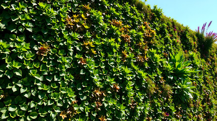 densely packed vertical garden wall bursts vibrant greens featuring varied textures leafy foliage set bright blue sky