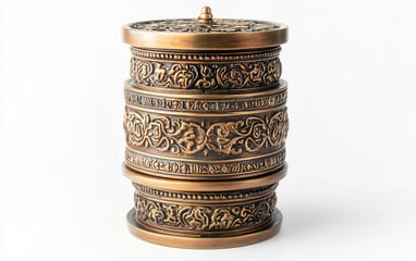 Brass Buddhist prayer wheel featuring traditional spiritual carvings and sacred religious details isolated on white background PNG