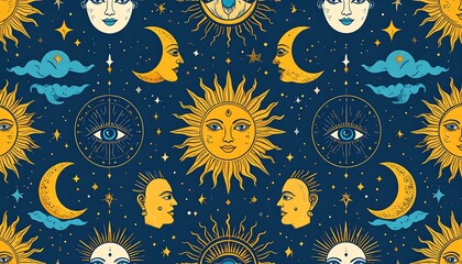 Celestial pattern with sun, moon, and faces
