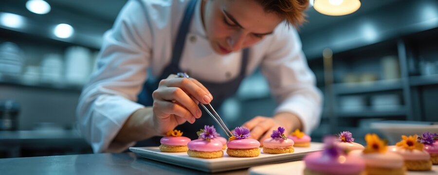 Professional chef meticulously garnishes exquisite petit fours in modern kitchen. Chef uses tweezers for precise placement of edible flowers on pink frosted pastries. Culinary art, gastronomy,