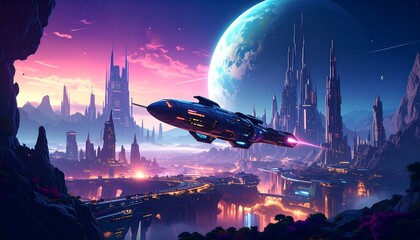 Futuristic cityscape with a spaceship
