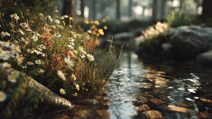 Fototapeta premium Enchanting Streamside Daisies: A Tranquil Floral Vista of Nature's Beauty