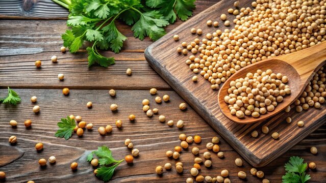 Chickpeas and cumin seeds scattered on a wooden cutting board, with fresh coriander leaves arranged artfully around them