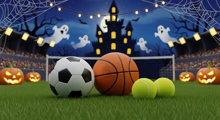 Fototapeta premium Halloween sports event with football, basketball, and tennis balls, pumpkins, and ghosts at a stadium