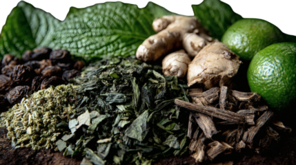 Discover vibrant ginger, zesty limes, fragrant herbs, and exotic spices creating a rich tapestry of natural flavors and aromas for culinary inspiration and wellness.