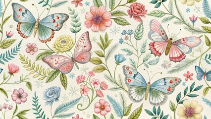 Whimsical pastel floral embroidery seamless patterns with embroidered floral butterflies and lush greenery, embroidered details, botanical prints