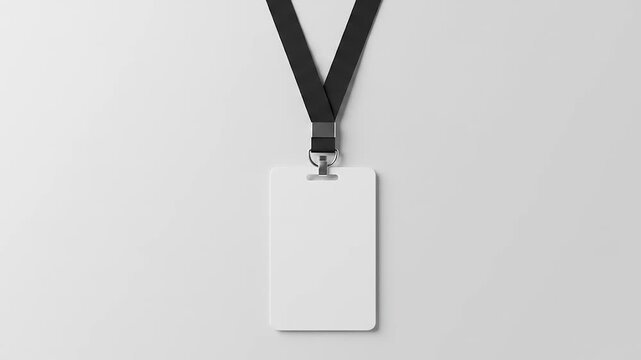 Blank ID badge hanging from a black lanyard against a clean white background, ideal for customization