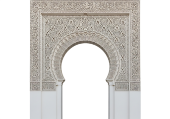 Ornate white archway with intricate Arabic calligraphy and geometric patterns isolated on a transparent background