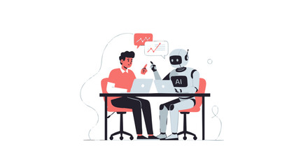 A man and an AI robot sitting at a desk collaborating on laptops and discussing data analytics Flat vector illustration of humanrobot teamwork.