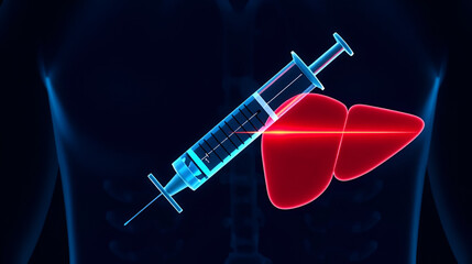 Medical syringe and liver line icon. Vaccination, injection into the liver, liver biopsy symbol