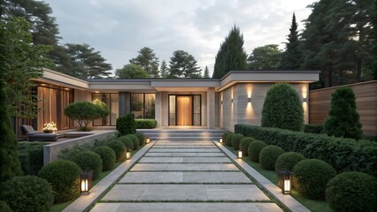 Fototapeta premium Modern elegant house exterior with lit pathway and manicured garden at dusk
