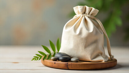 Beige Drawstring Canvas Bag with Fern and Stones on Wooden Tray, Reusable Eco bag mock up for zero waste shopping, created with generative ai