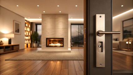 Warm modern living room with glowing fireplace viewed through open door

