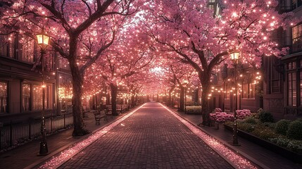 Enchanting Cherry Blossom Street Illuminated with Fairy Lights at Dusk
