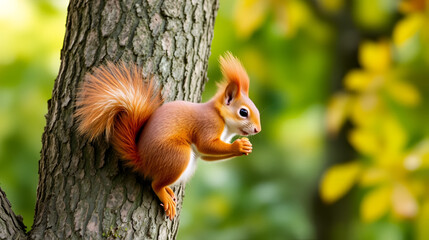 A cute red squirrel with a fluffy tail scurries up a tree in the park, searching for autumn nuts
