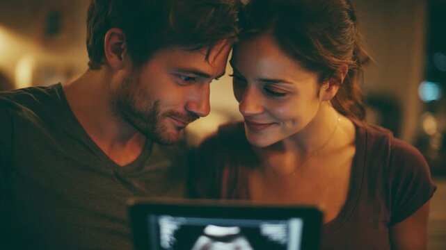 A Couple's Gaze on Future: A tender moment shared as a couple peers down, fixated on the projected ultrasound image, illustrating shared anticipation for what is yet to come.