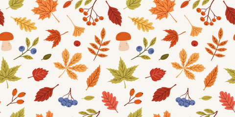 Seamless pattern with autumn leaves and berries.