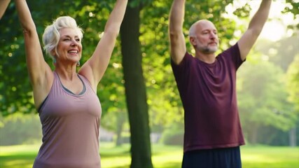 Two older adults engage in yoga practice in a vibrant park, embracing mindfulness and wellness. They enjoy the sunny atmosphere while enhancing their physical and mental well-being