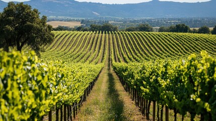 Naklejka premium Lush vineyard rows stretch across a hillside.