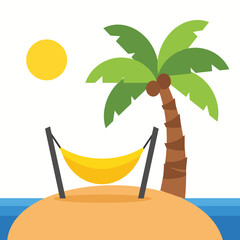 Minimalistic vector graphic depicting a tropical beach setting with a palm tree, a yellow hammock, and a shining sun. Perfect for representing relaxation, vacation, or summer-themed concepts