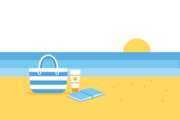 Minimalistic vector illustration featuring a tranquil beach with a striped bag, sunscreen, and a book under a bright sunset