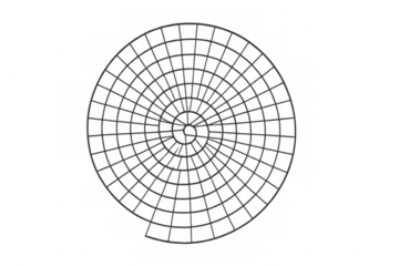 Digital wireframe spiral creating geometric circular pattern on transparent background, showcasing technological abstract visualization