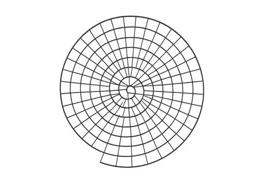 Digital wireframe spiral creating geometric circular pattern on transparent background, showcasing technological abstract visualization