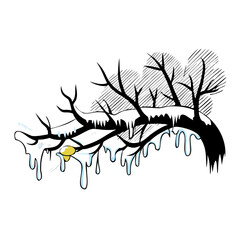 Obraz premium Snow-covered branch with icicles and a hint of yellow light 