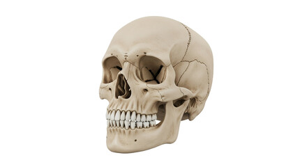 Naklejka premium Detailed Human Skull 3D Render Displaying Bone Texture and Structure on Transparent Background for Anatomical Study and Scientific Visualization