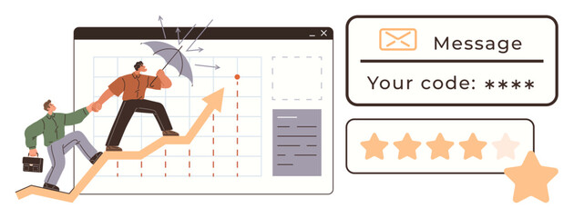 Two people climbing an upward arrow with an umbrella for protection, emphasizing teamwork, security codes, messaging, and ratings. Ideal for business, growth, trust, collaboration security