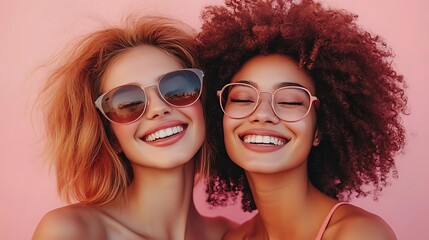 Two diverse women smiling in sunglasses on pink backdrop. One shows off curled lashes and joyfully closed eyes. Friendship and beauty on National Lash Day