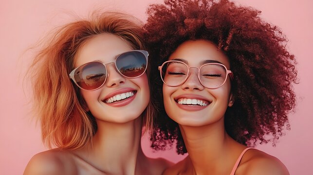 Two diverse women smiling in sunglasses on pink backdrop. One shows off curled lashes and joyfully closed eyes. Friendship and beauty on National Lash Day