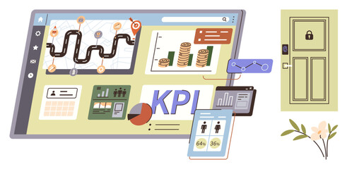Interactive dashboard with KPI analysis, data charts, progress tracking, financial growth, navigation map. Ideal for analytics overview, business monitoring, data management, productivity