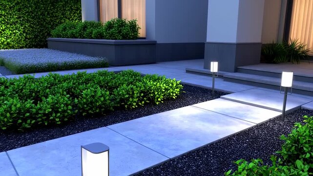Elegant Home Exterior Showcasing Landscaping and Modern Lighting Fixtures at Dusk