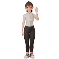 Fototapeta premium 3D Render of beautiful female cartoon teacher in black and white wears. Raise waving right hand, greeting or goodbye goodbye. advertising, presentations, UIUX design, promotional materials.
