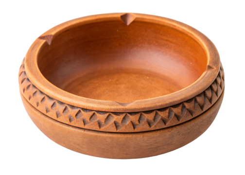 Rustic wooden ashtray with carved decorative band isolated on a transparent background brown