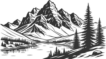 Majestic mountain range with pine trees and a serene lake peak snow