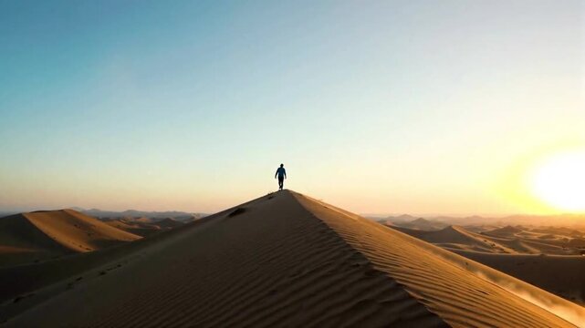 A figure stands atop a sandy dune against a clear sky with a bright sun setting in the distance
