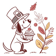 Dreamy expression on a Dog in a Thanksgiving theme, with holding a cupcake – Harvest Blessings vector art
