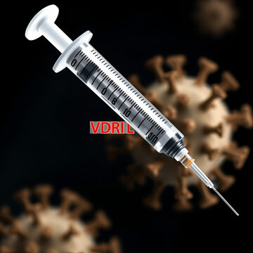 Syringe needle with virus vaccine and VDRL abbreviation, antidote concept